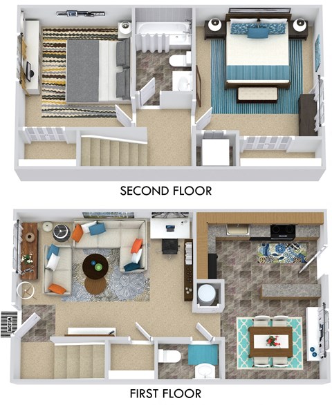 a comparison of a second floor and first floor of a hotel room